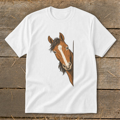 Brown horse peeking around the corner on a white t-shirt.