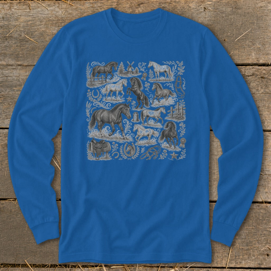 Blue long-sleeve shirt with an all-over print of horse illustrations and equestrian motifs.