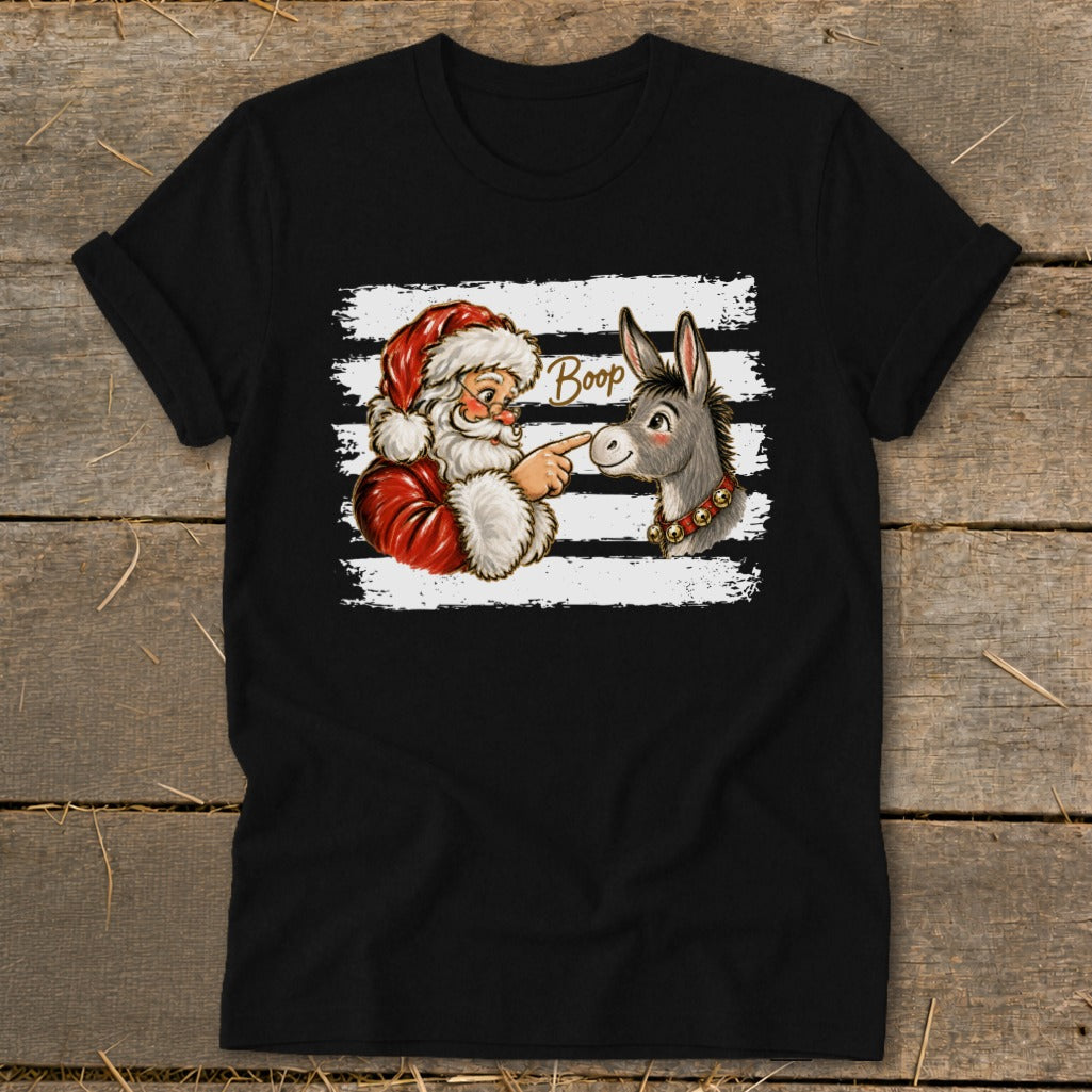 Santa booping a donkey with "Boop" text on a striped background.
