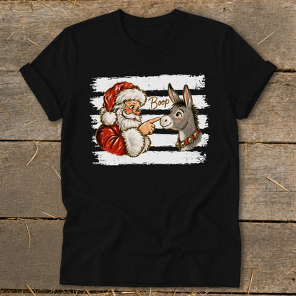 Santa booping a donkey with "Boop" text on a striped background.