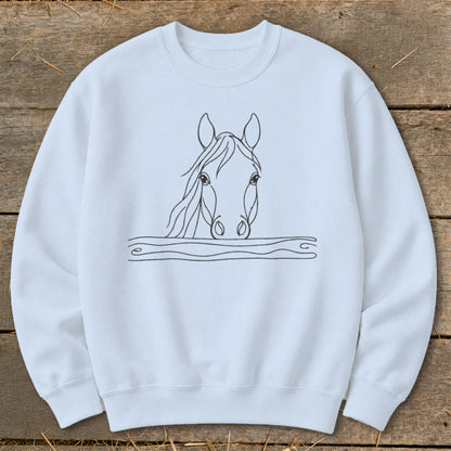 White crewneck sweatshirt with a minimalist black line drawing of a horse's head.