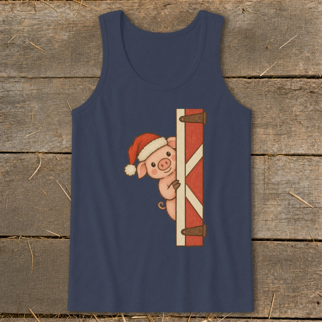 Navy tank top with a cartoon pig wearing a Santa hat peeking from behind a red barn door.