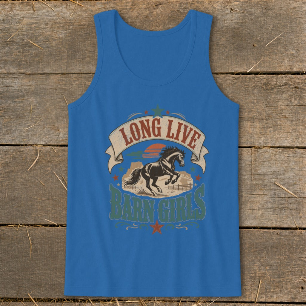 Blue tank top with a graphic of a running horse and text "LONG LIVE BARN GIRLS".