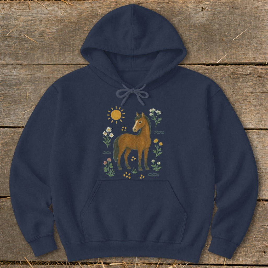 Navy hoodie with a brown horse and floral design.
