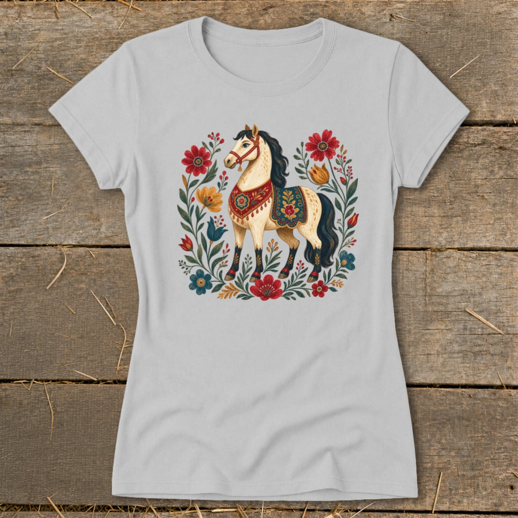 T-shirt with folk art style horse and floral wreath design.