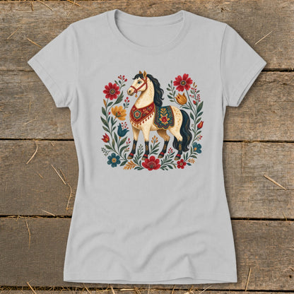 T-shirt with folk art style horse and floral wreath design.