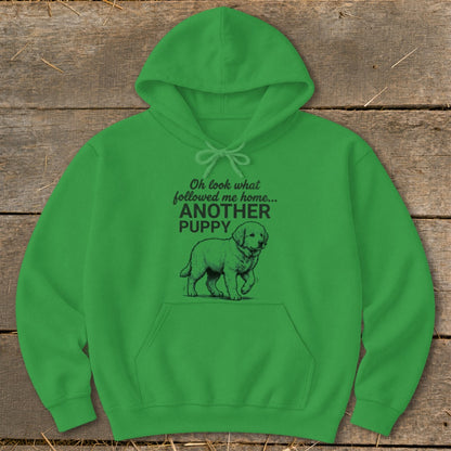 Green hoodie with "Oh look what followed me home... ANOTHER PUPPY" text and puppy graphic.