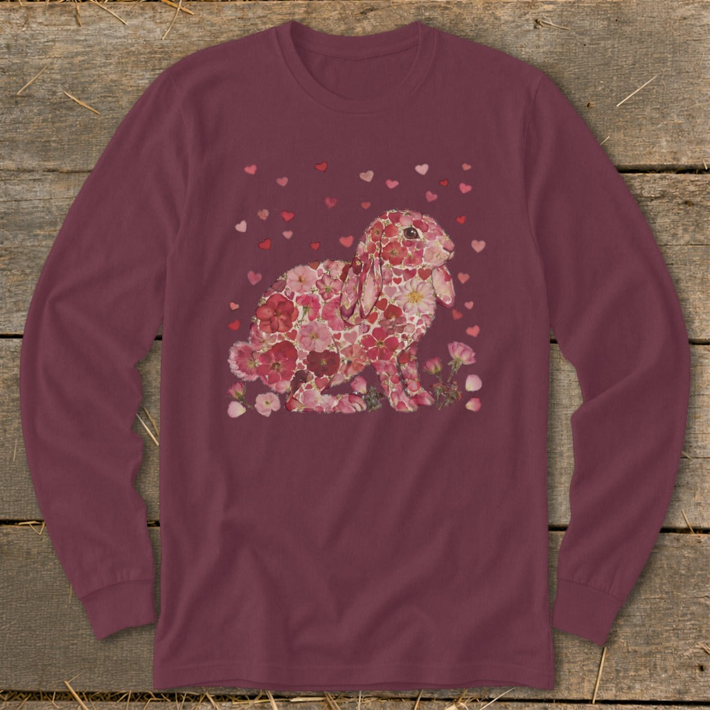 Maroon long-sleeve shirt with a bunny made of pink flowers and hearts.