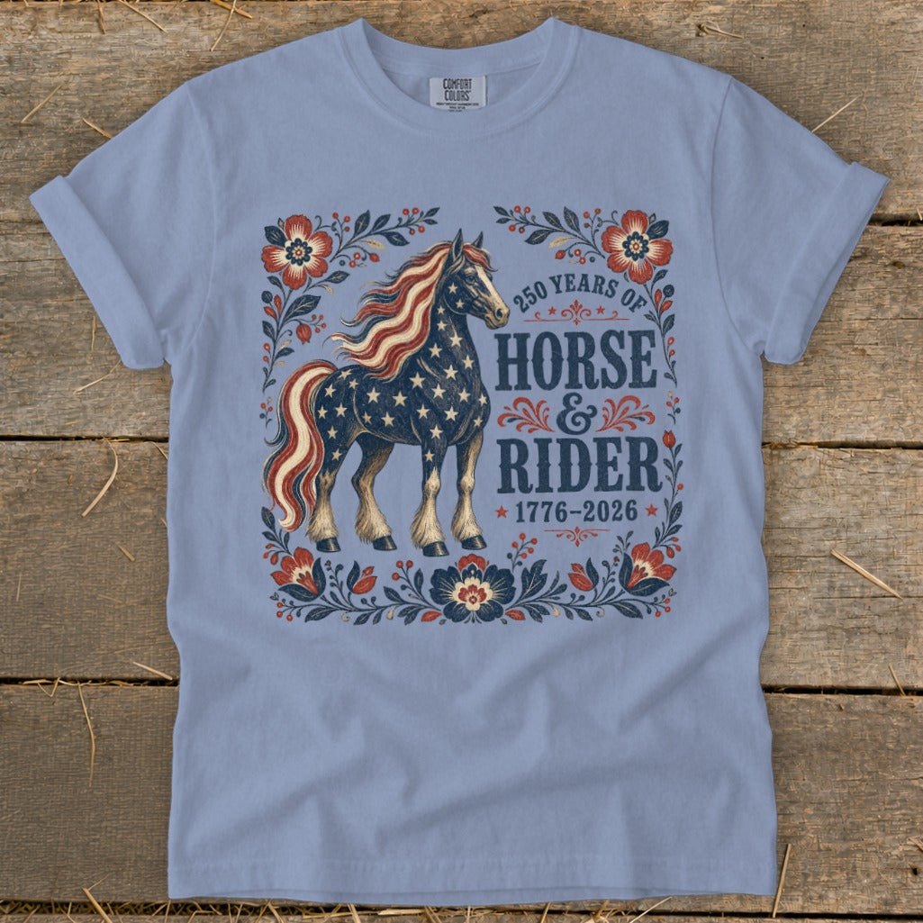 Light blue t-shirt with a design of a horse adorned with stars and stripes.