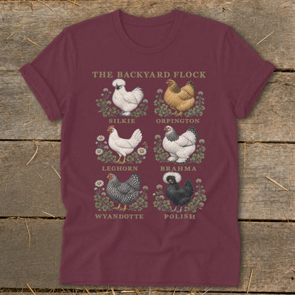 T-shirt with "The Backyard Flock" text and illustrations of six chicken breeds.