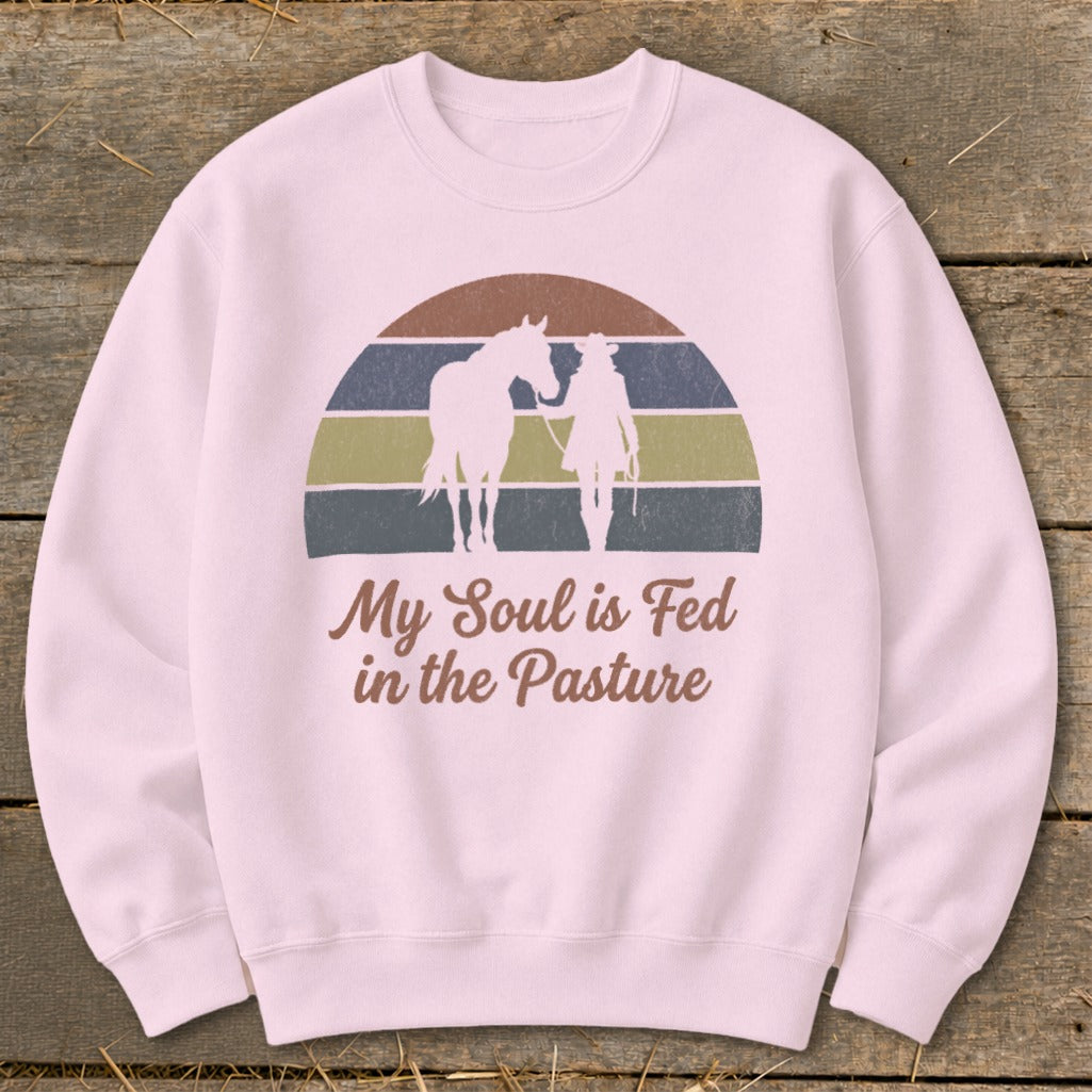 Pink sweatshirt with a graphic of a horse and person under a retro sunset.