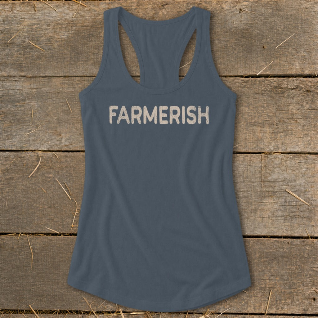 Gray racerback tank top with "FARMERISH" text in distressed white lettering.