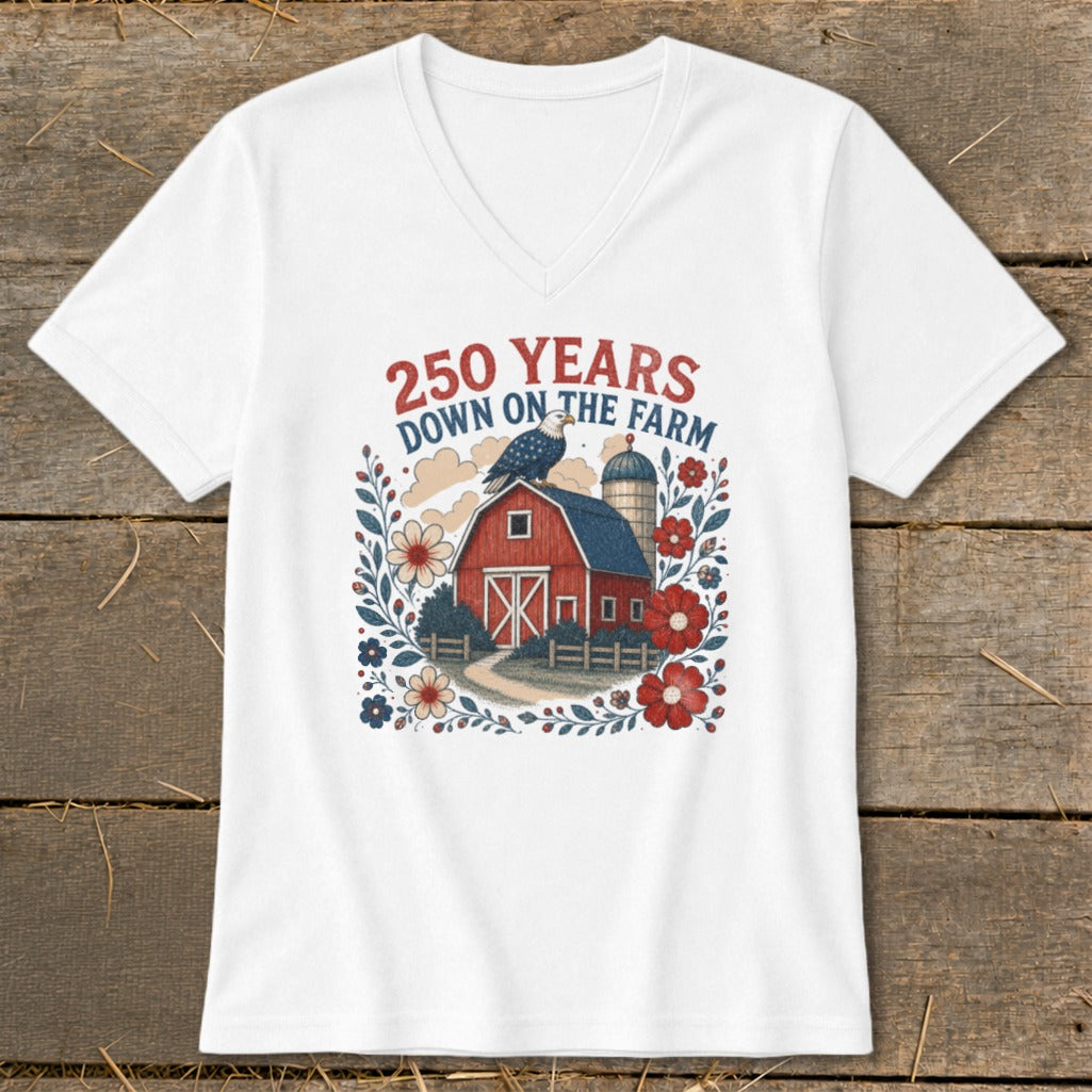 White t-shirt with "250 YEARS DOWN ON THE FARM" text, red barn, eagle, and flowers.