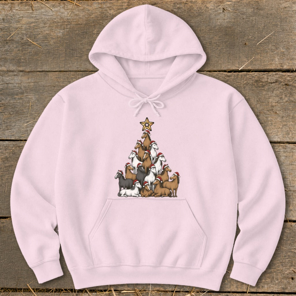 Pink hoodie with a Christmas tree made of horses wearing Santa hats.