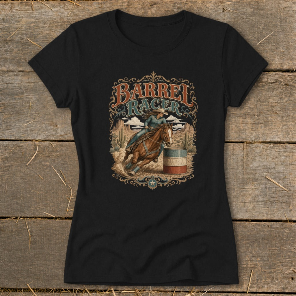 Black t-shirt with "Barrel Racer" text and cowgirl on horseback rounding a barrel.