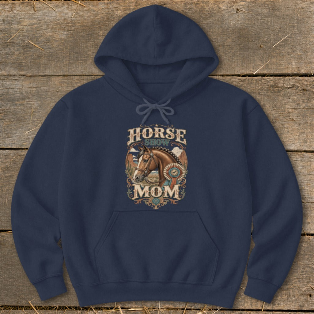 Navy hoodie with "Horse Show Mom" text and horse graphic.