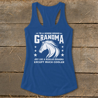 Blue tank top with "I'm a horse riding Grandma" and a horse graphic.