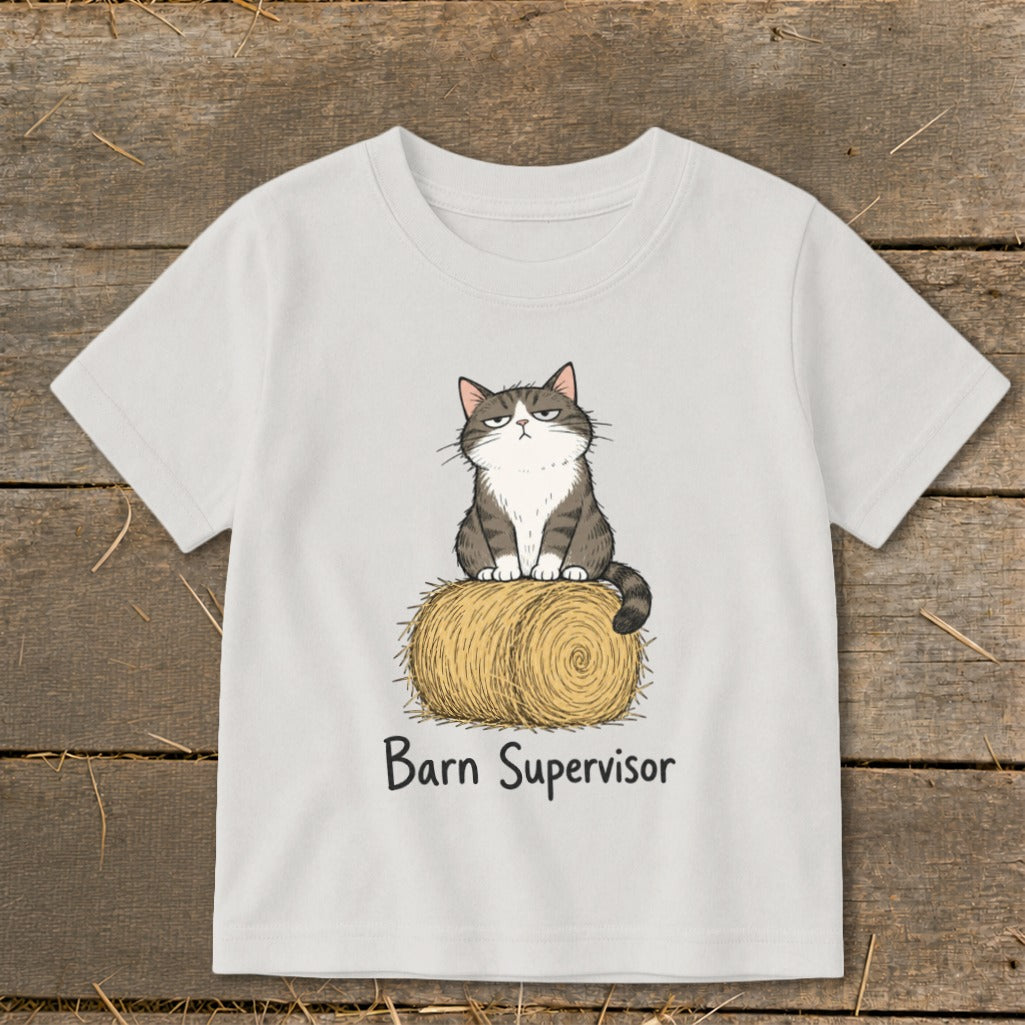 Grumpy cat sits on a hay bale with "Barn Supervisor" text below.