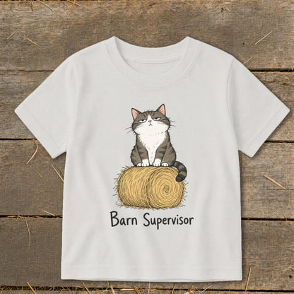 Grumpy cat sits on a hay bale with "Barn Supervisor" text below.