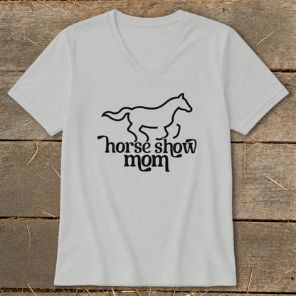 Light gray v-neck t-shirt with black outline of a horse and "horse show mom" text.