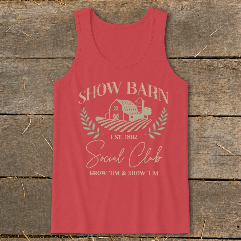 Red tank top with "Show Barn Social Club" graphic and barn illustration.