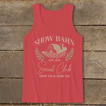 Red tank top with "Show Barn Social Club" graphic and barn illustration.