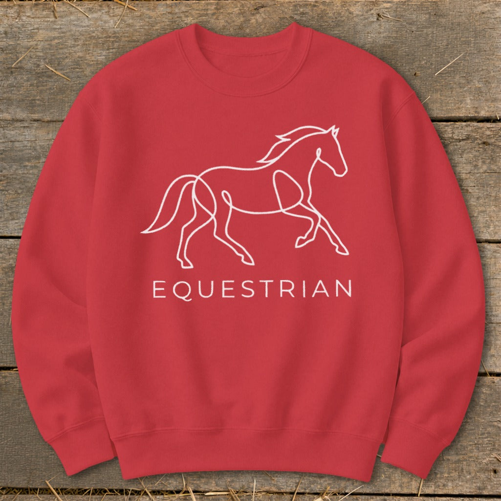 Red sweatshirt with white horse outline and "EQUESTRIAN" text.