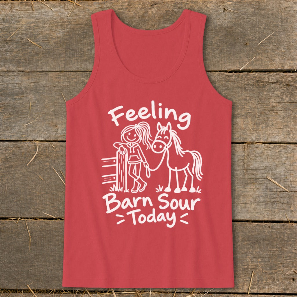 Red tank top with white graphic of a girl and horse, text reads "Feeling Barn Sour Today".