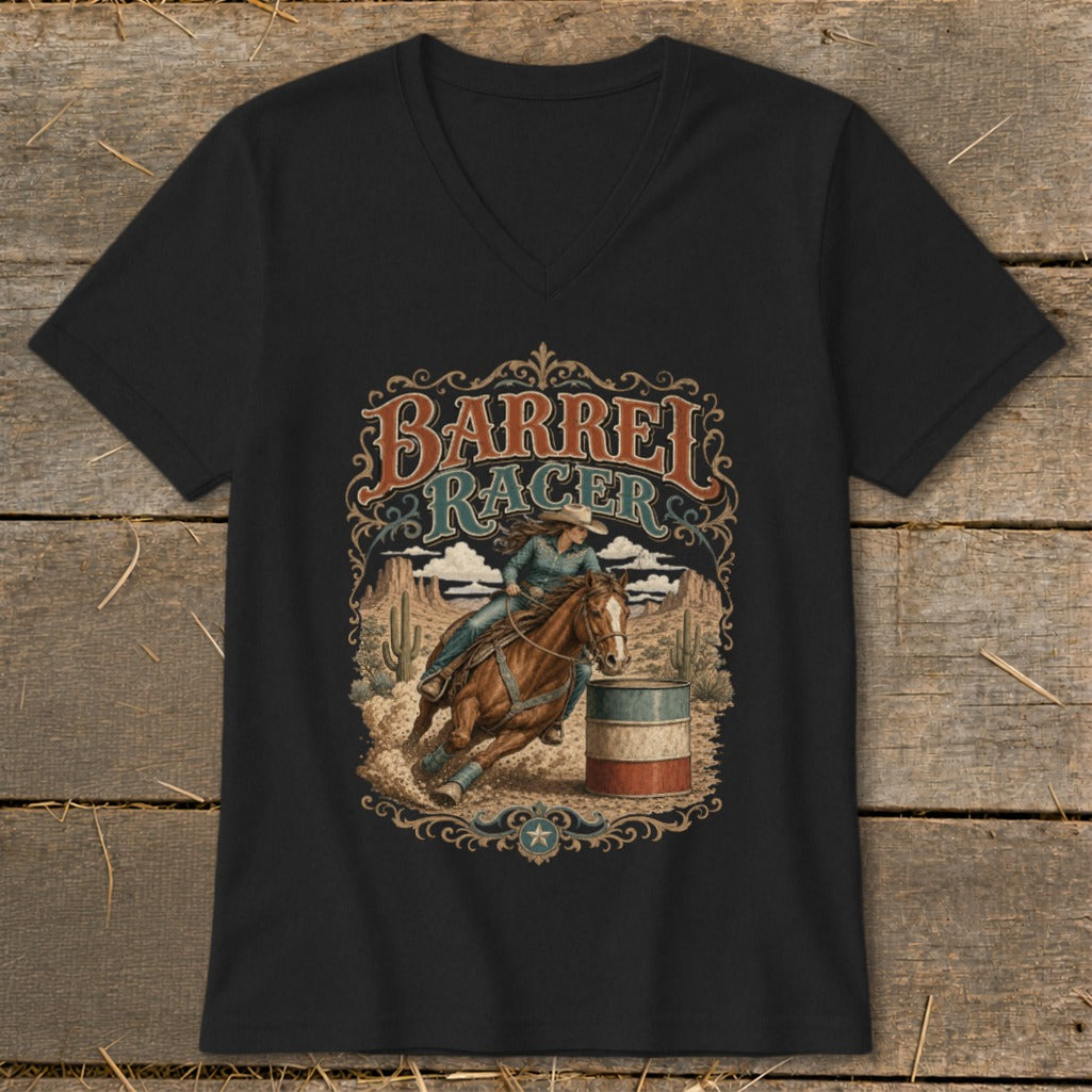Black v-neck shirt with "Barrel Racer" graphic depicting a woman on a horse rounding a barrel.