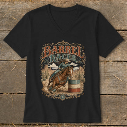 Black v-neck shirt with "Barrel Racer" graphic depicting a woman on a horse rounding a barrel.