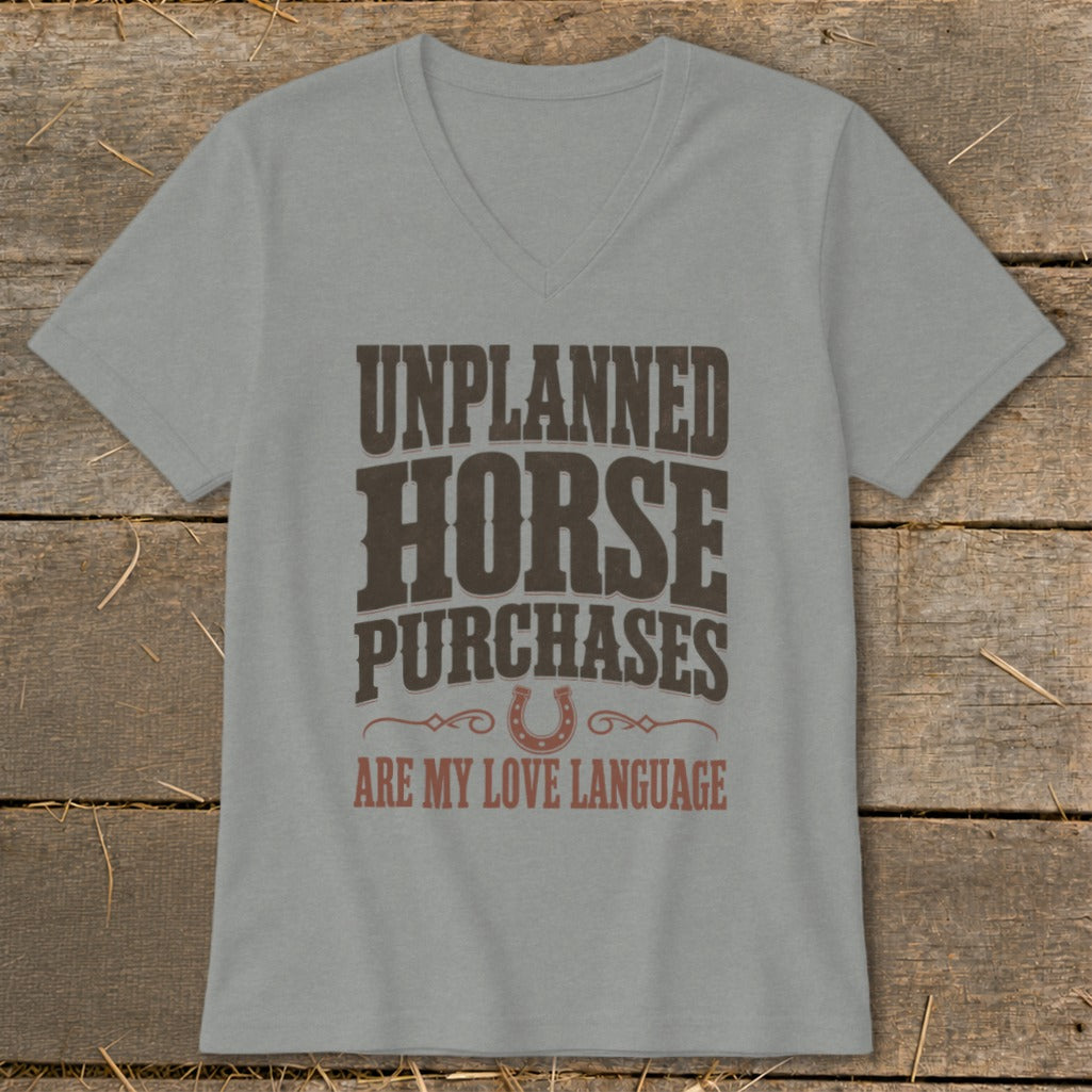 Gray t-shirt with brown text: "Unplanned Horse Purchases Are My Love Language".