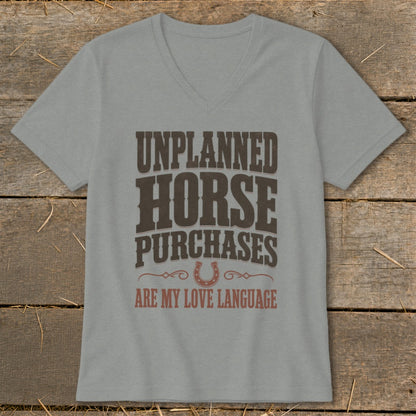 Gray t-shirt with brown text: "Unplanned Horse Purchases Are My Love Language".