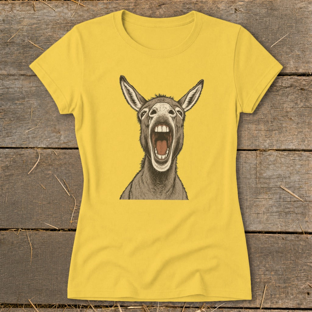Yellow t-shirt with a detailed drawing of a donkey with its mouth wide open.