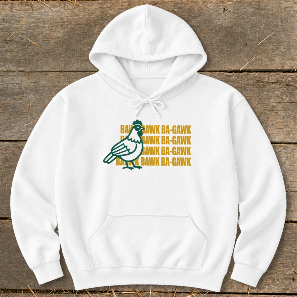White hoodie with green and gold chicken graphic and text.