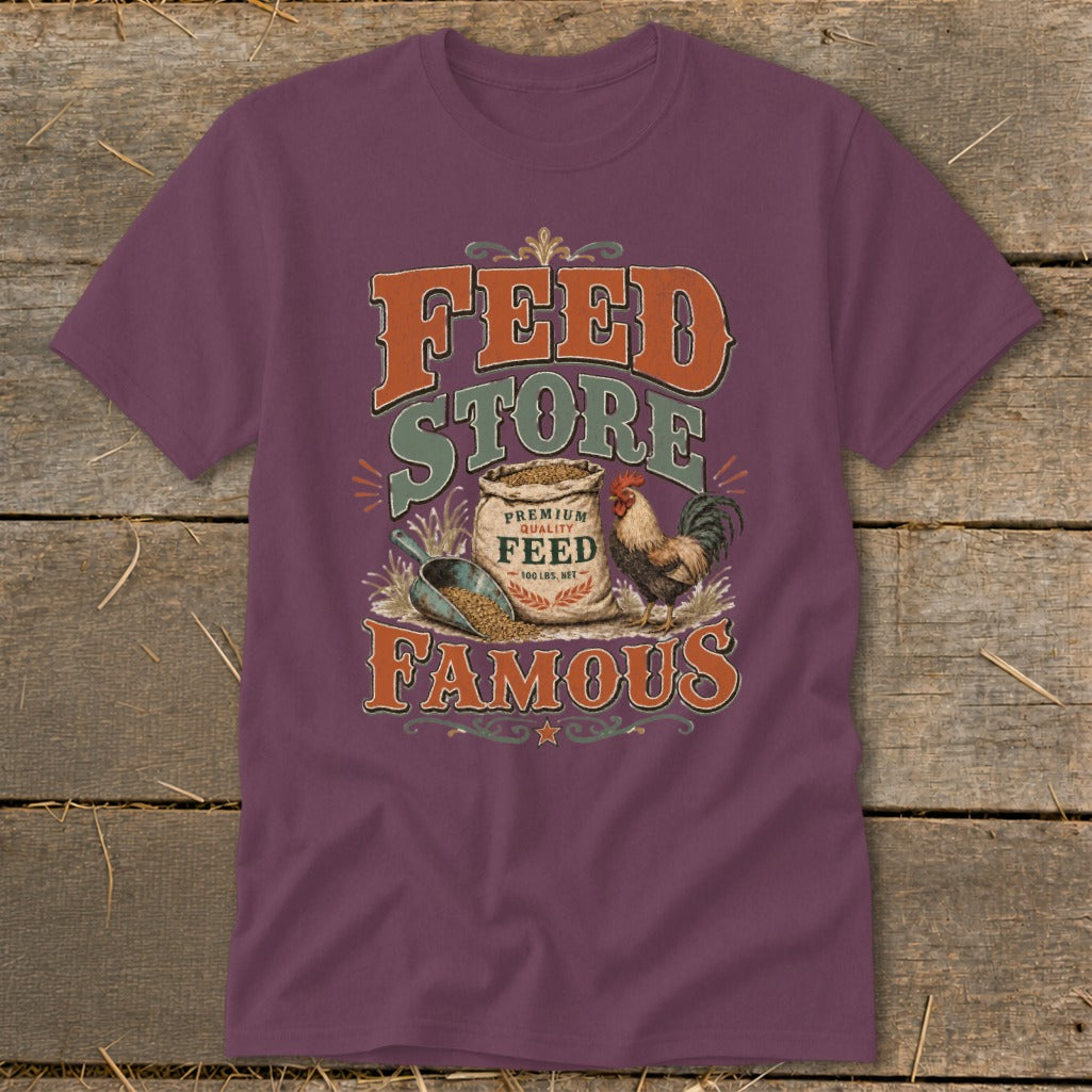 Feed Store Famous graphic tee with rooster, feed bag, scoop, and text.