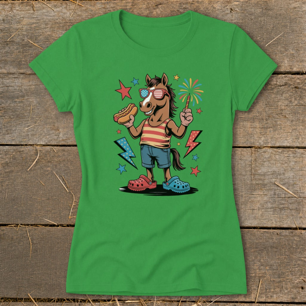 Horse wearing sunglasses, holding hot dog and sparkler, with patriotic decorations.