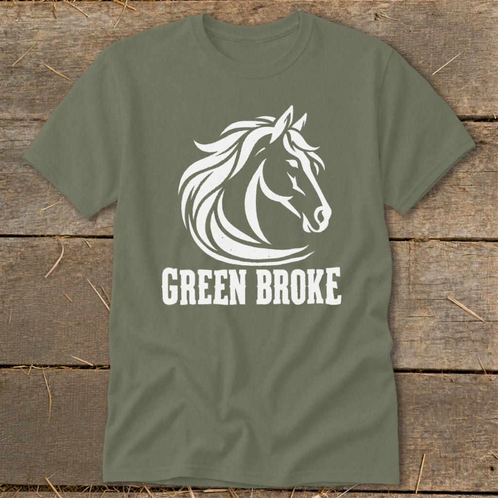 An olive green crewneck t-shirt featuring a white graphic of a horse head and the text GREEN BROKE.