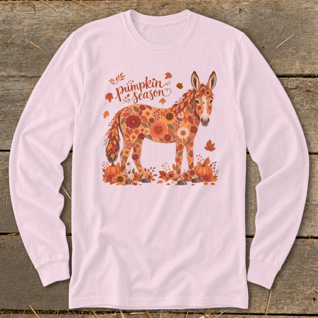 Long sleeve shirt with a floral donkey and "Pumpkin Season" text.