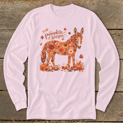 Long sleeve shirt with a floral donkey and "Pumpkin Season" text.