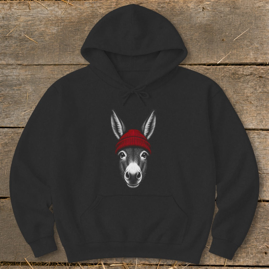 Black hooded sweatshirt featuring a graphic of a donkey wearing a red knit cap.