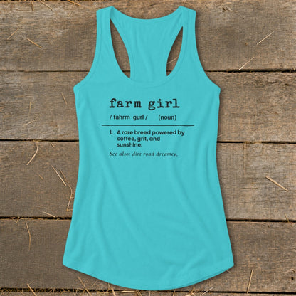 Turquoise tank top with "farm girl" definition printed in black.