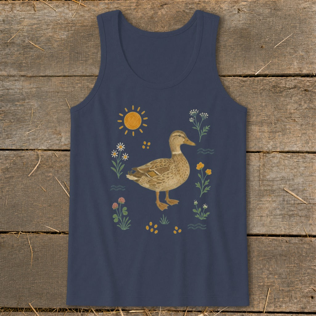 Navy tank top with a duck and floral illustration.
