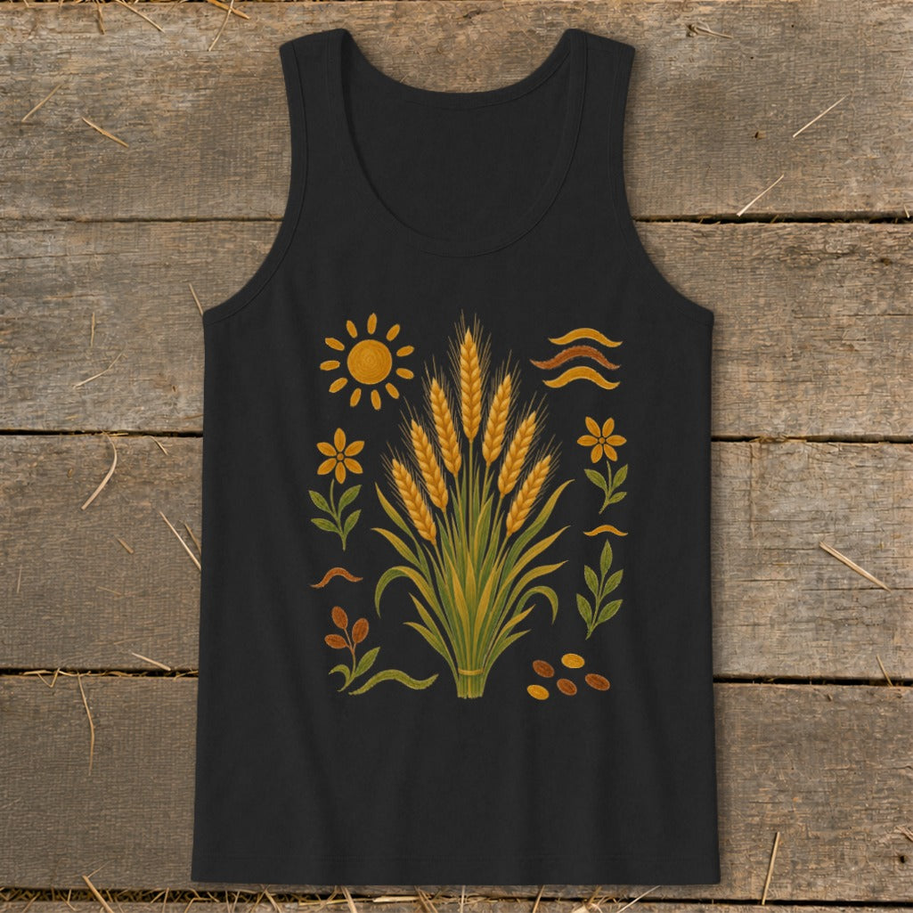 Black tank top with a wheat stalk and sun graphic design.