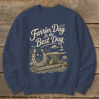 Farrier Day Is the Best Day graphic with horseshoe, anvil, and file.