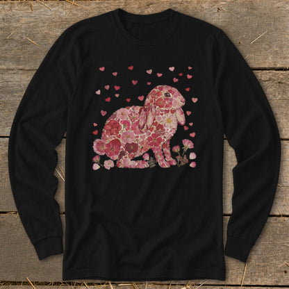 Black long-sleeved shirt featuring a floral bunny illustration with scattered hearts.