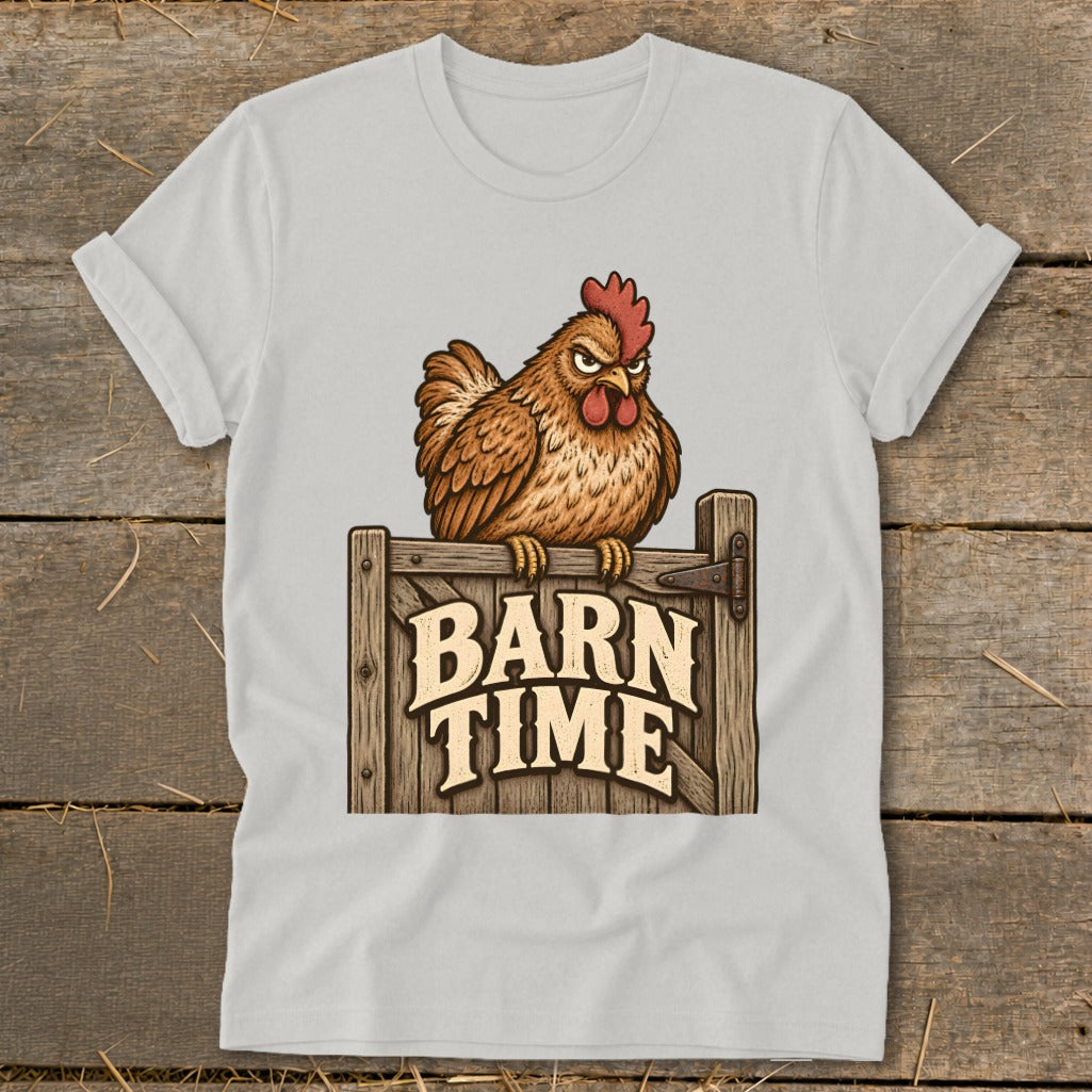 Chicken sitting on a wooden gate with "BARN TIME" text.