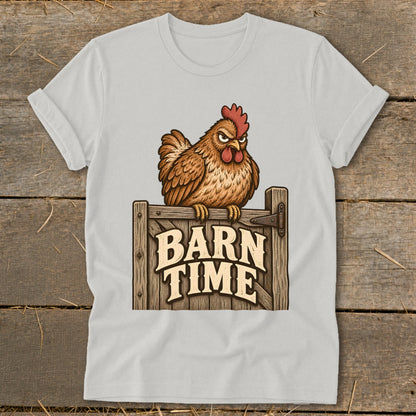 Chicken sitting on a wooden gate with "BARN TIME" text.