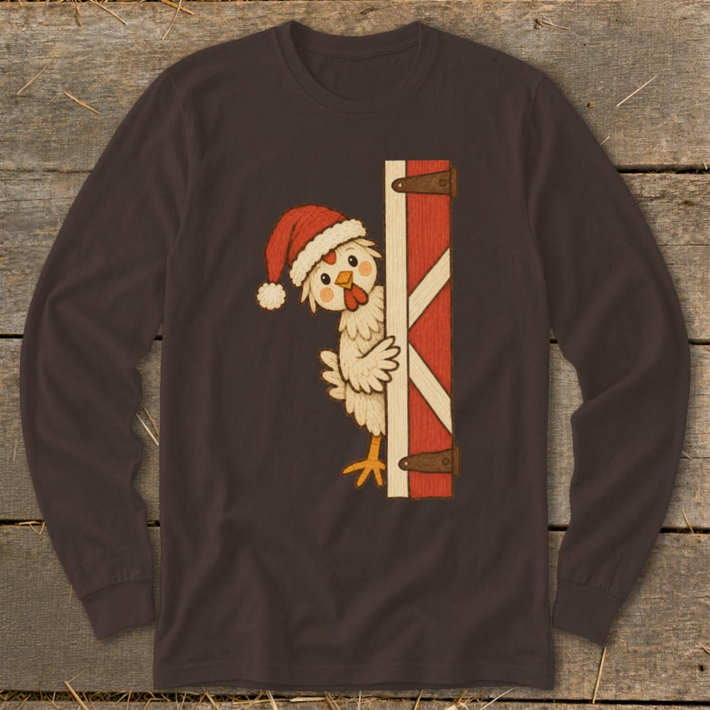 Cartoon chicken in Santa hat peeks from behind red barn door.