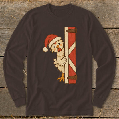 Cartoon chicken in Santa hat peeks from behind red barn door.