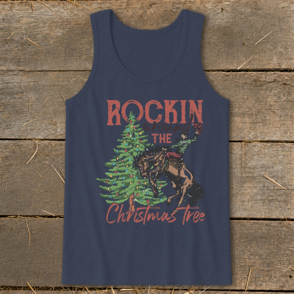 Navy tank top with graphic "Rockin the Christmas Tree" and cowboy on bucking horse.